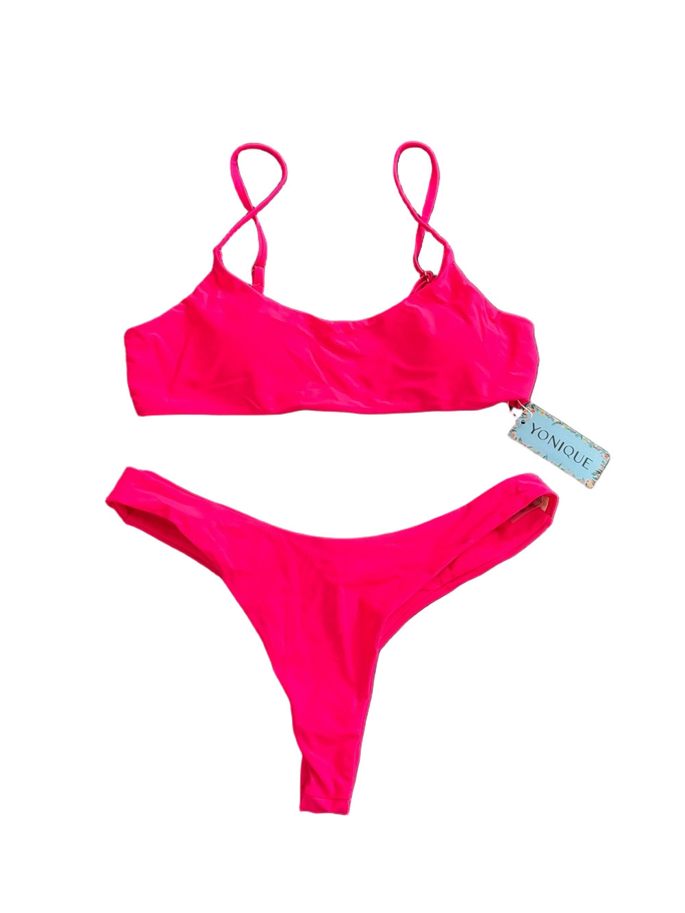 Yonique Neon Pink Bikini Set Scoop Neck Cheeky High Cut Women’s Large NWT